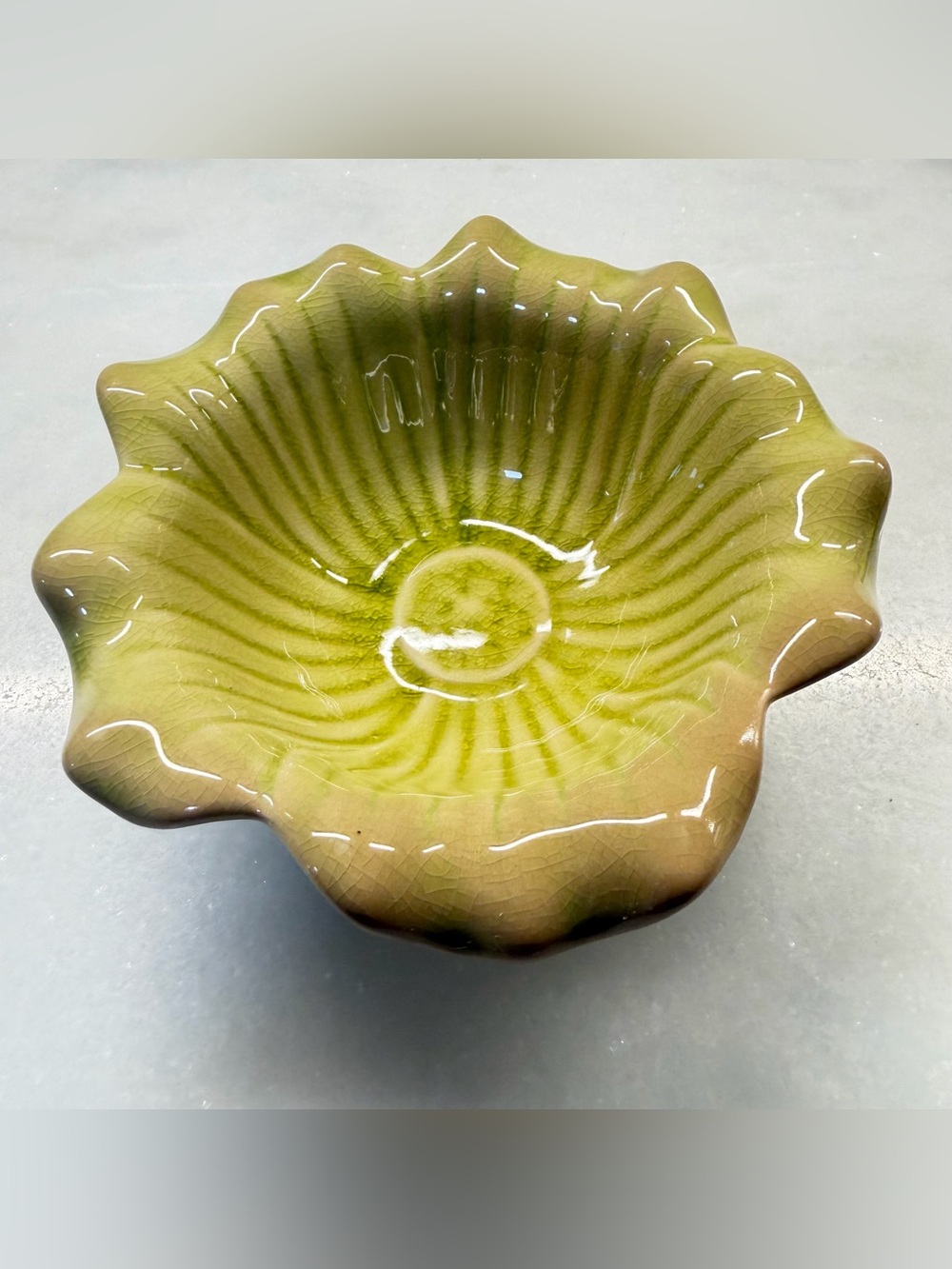 Handcrafted Green Scalloped Ceramic Serving Bowl